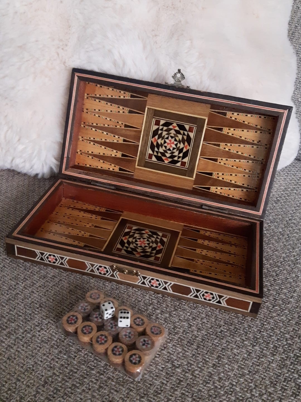 Wooden Inlaid Backgammon Set - Abalone Shell Accents